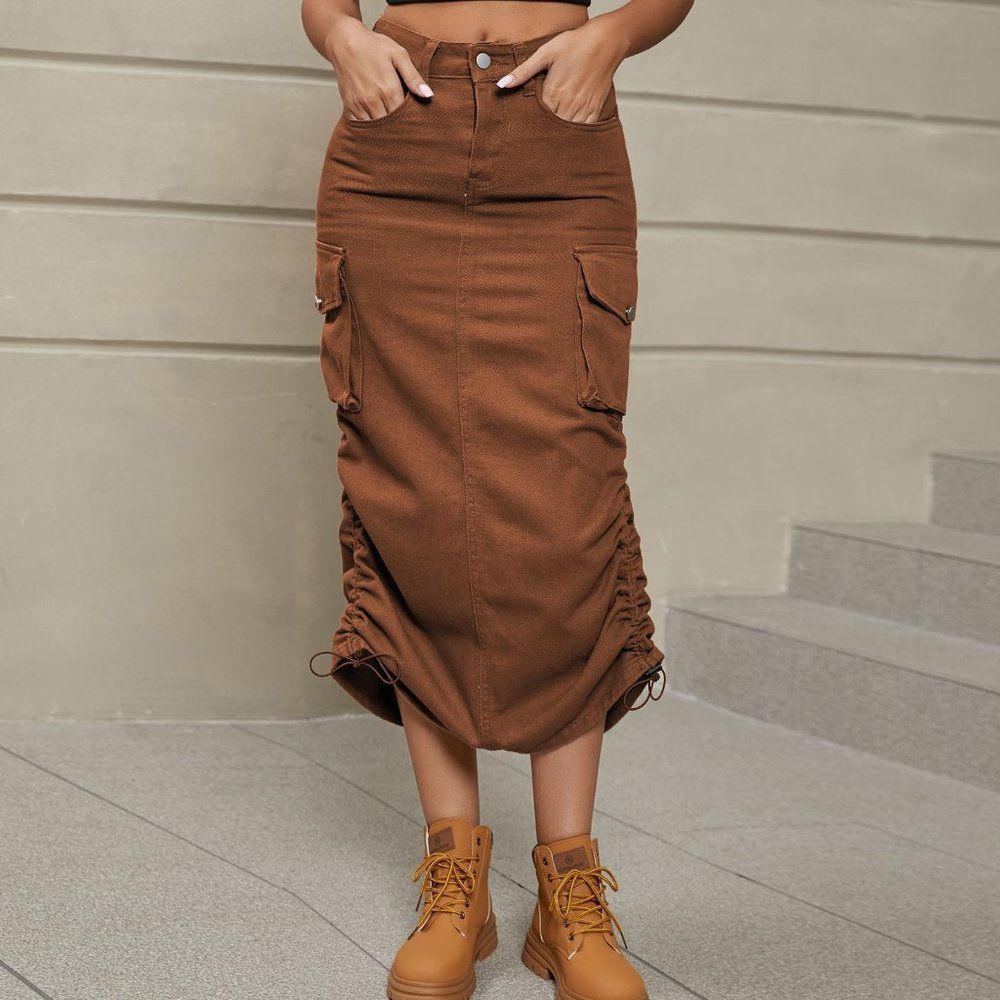 High Waisted Drawstring Ruched Slit Denim Midi Skirt Women's Chestnut Brown